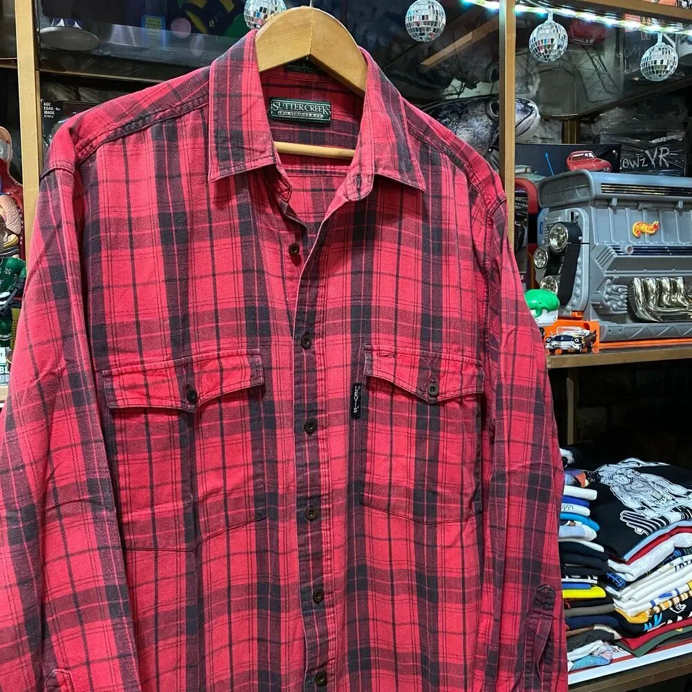 Vintage Levis Sutter Creek Plaid Flannel Shirt Red Black Large Black Tab Y2K